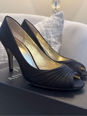 Adrianna Papell Black Ruched Peep-Toe Heels (with silver under heel)